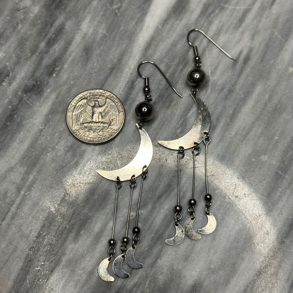 Silver Celestial Tiered Crescent Moon Dangle Drop Earrings Boho Goth 4"